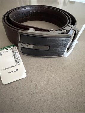 Simons Men's Brown Leather Ratchet Belt with Brushed Metal Buckle
